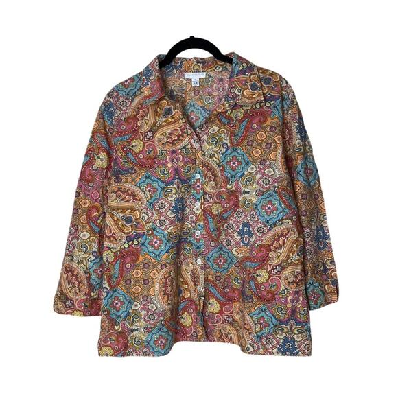 Charter Club Button Down Shirt 3/4 sleeves Paisley print 100% cotton size 14 - Picture 3 of 16